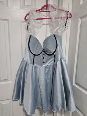 Light Blue Satin Bustier Skater Dress with Sheer Ruffled Straps
